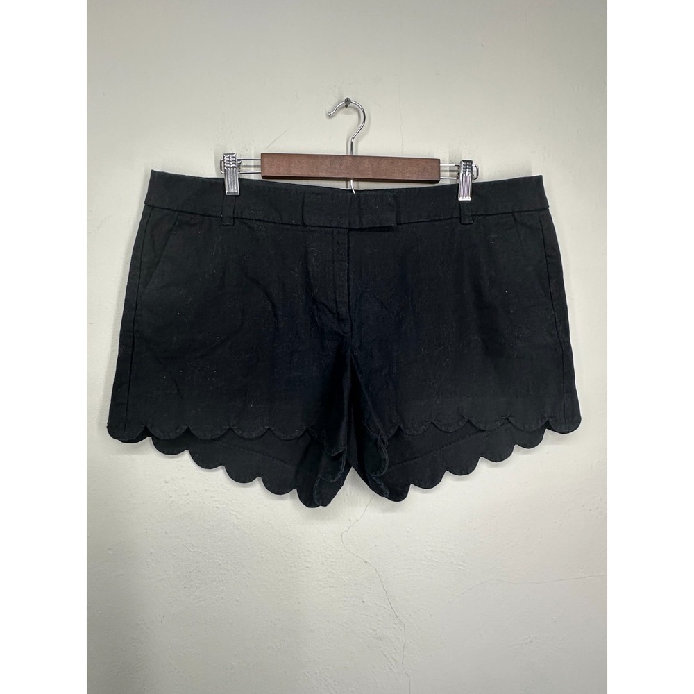 J.CREW Size 16 100% Linen Cotton Scalloped Shorts Black Lightweight Boho Twee